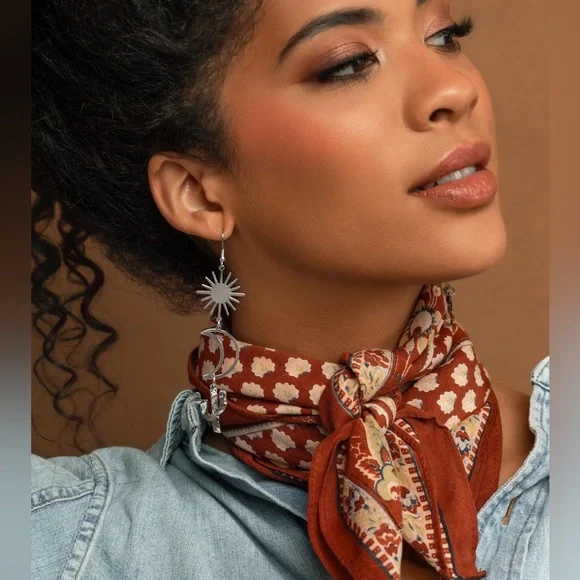 Silver Sun Moon Cactus Earrings - Picture 3 of 3